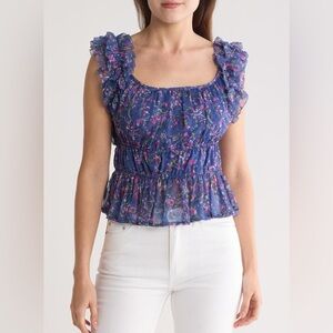 French Connection Gretha Blue Floral Ruffle Top